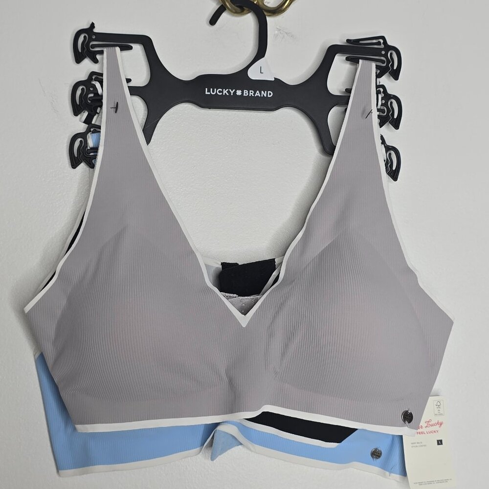 3 LUCKY BRAND Laser Lounge Comfort Bras Large Lot Set Removable Pads‎ NEW Blue